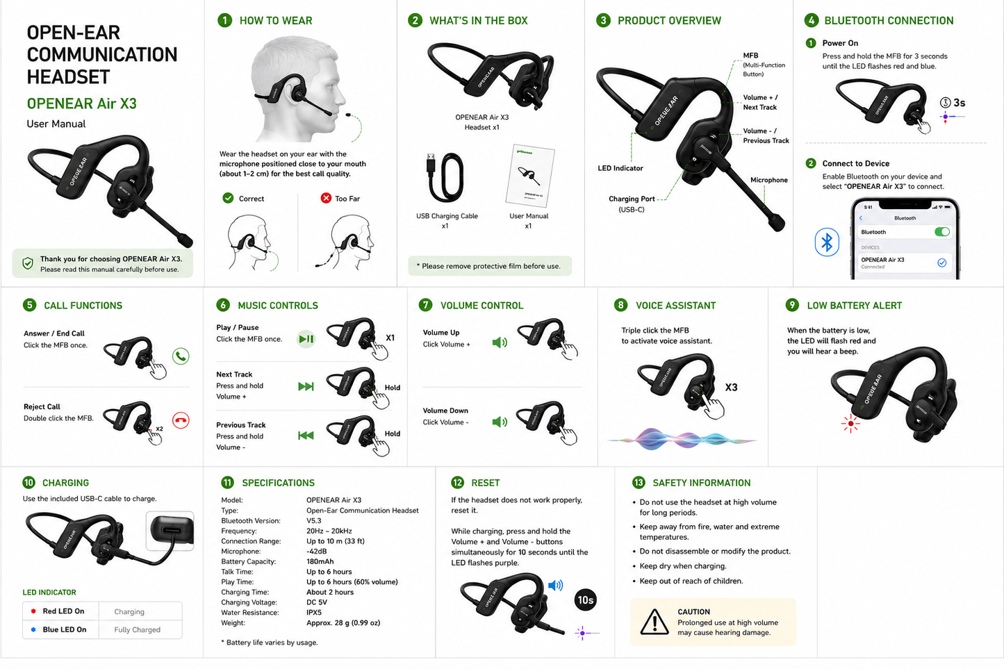 Air Conduction Bluetooth Headset with Mic - Open-Ear Headphones for Office, Sport & Daily Use