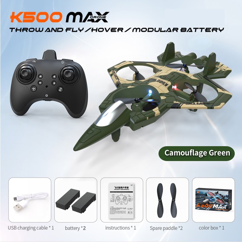K500 MAX RC Jet Fighter Drone - Throw & Fly, 360° Flips, LED Night Lights