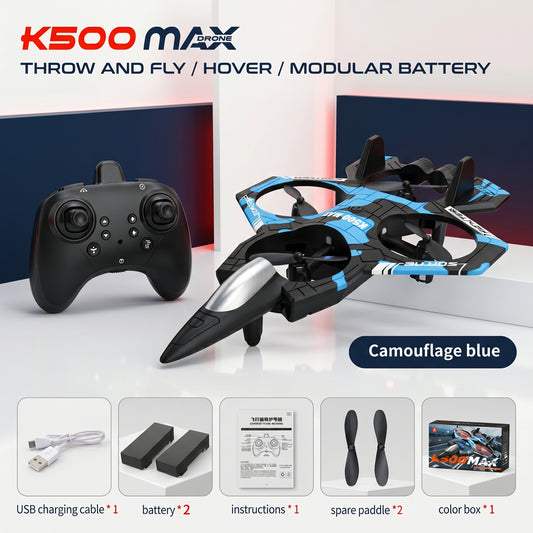 K500 MAX RC Jet Fighter Drone - Throw & Fly, 360° Flips, LED Night Lights