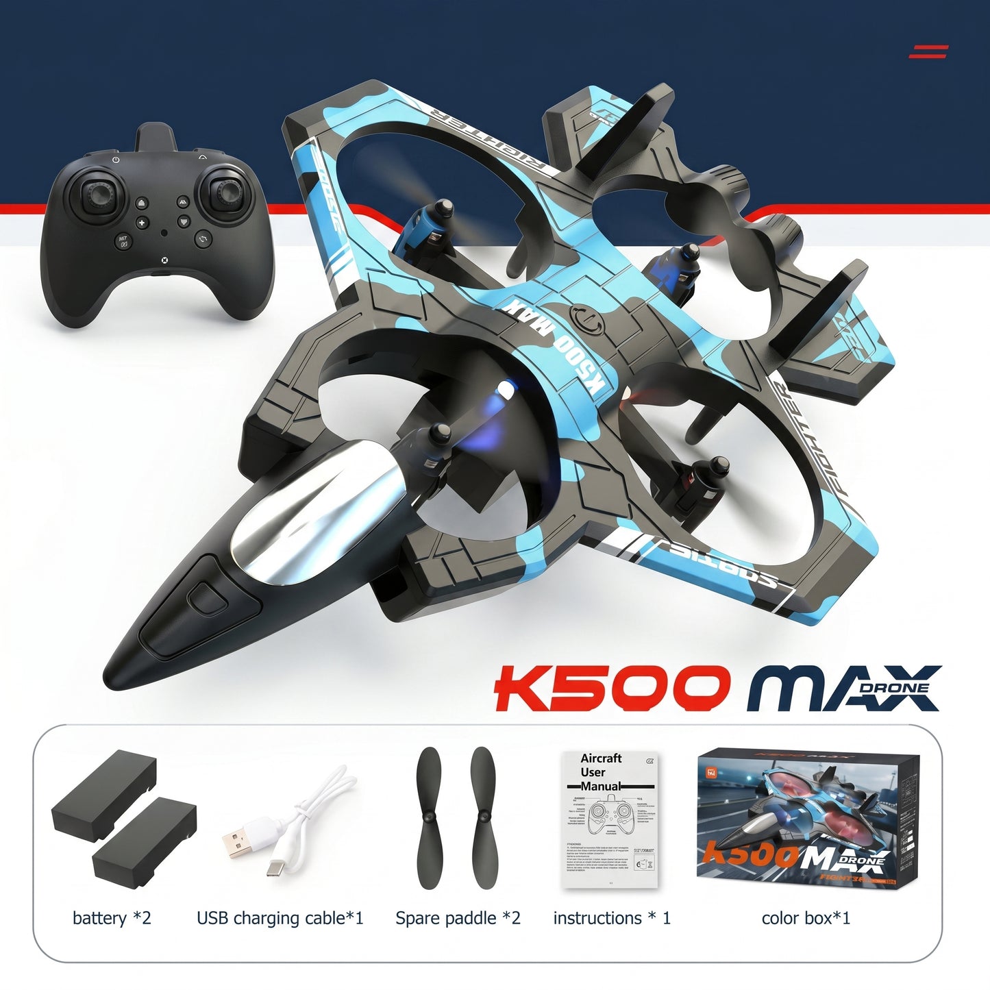 K500 MAX RC Jet Fighter Drone - Throw & Fly, 360° Flips, LED Night Lights