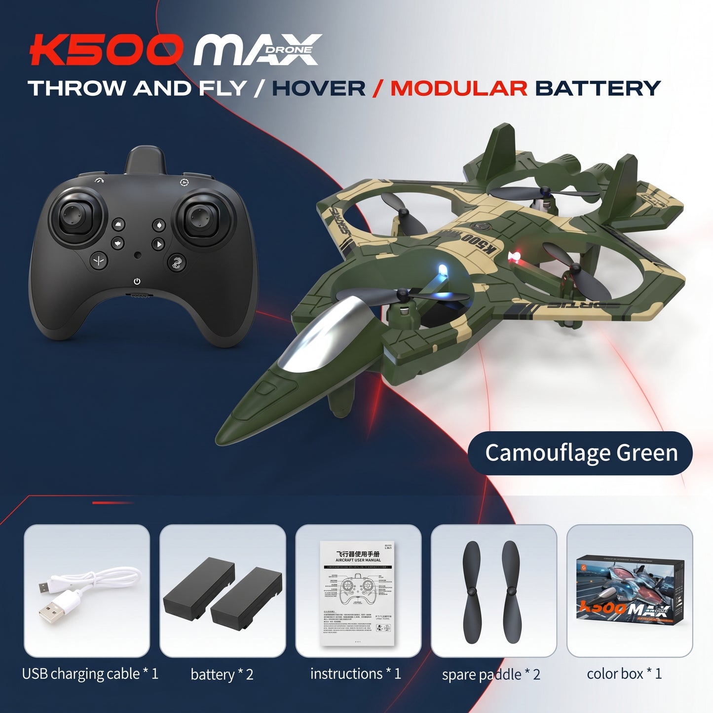 K500 MAX RC Jet Fighter Drone - Throw & Fly, 360° Flips, LED Night Lights