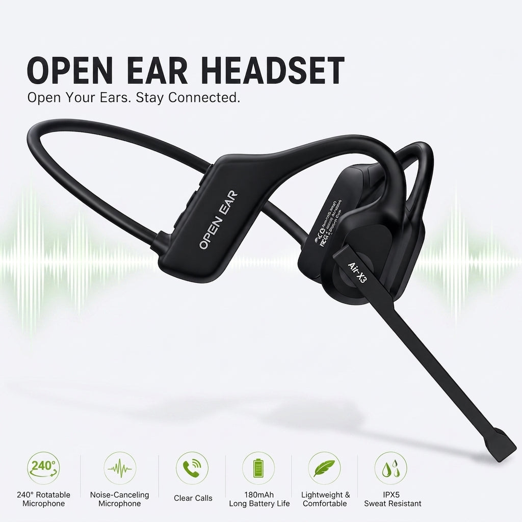 Air Conduction Bluetooth Headset with Mic - Open-Ear Headphones for Office, Sport & Daily Use